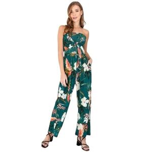 Patrons of Peace Teal Green Tropical Print Strapless Jumpsuit Medium Vacation